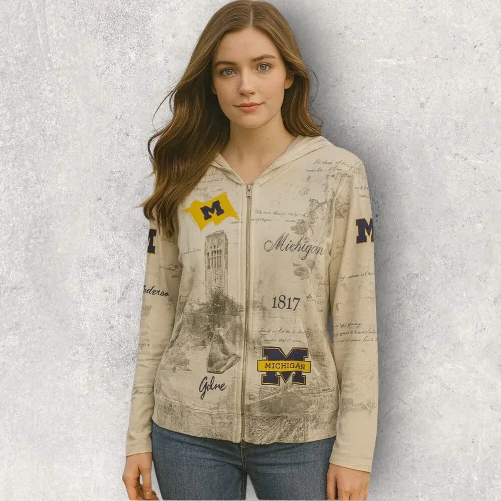 University of Michigan Womens Cream Zip Up Graphic Hoodie M Go Blue Wolverines